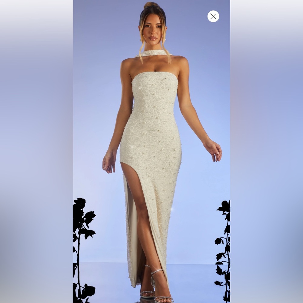 Oh Polly BELGRAVIA Embellished Bandeau Maxi Dress in Ivory